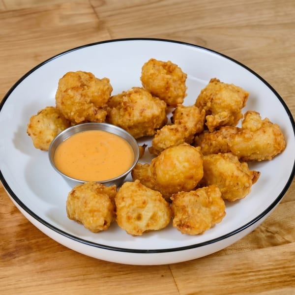 Golden-brown fried chicken nuggets and a small metal cup of orange dipping sauce on a white plate.