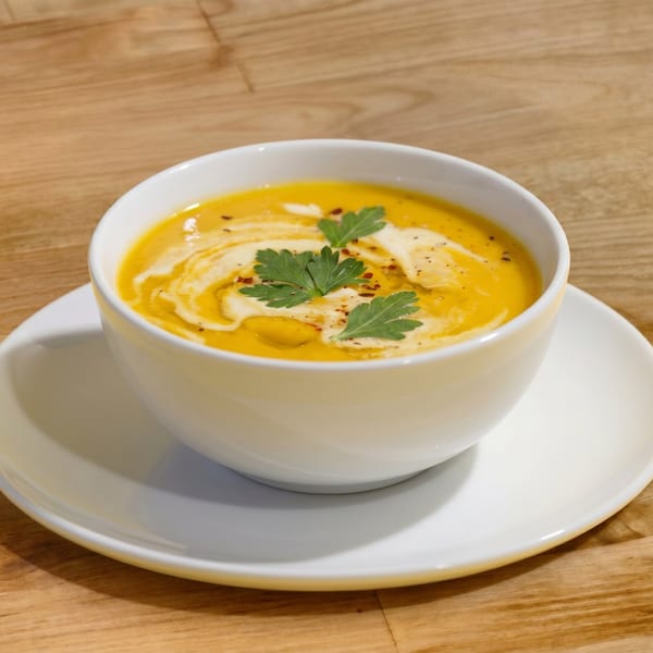 Creamy orange soup in a white bowl with parsley and chili flakes on a wooden table.