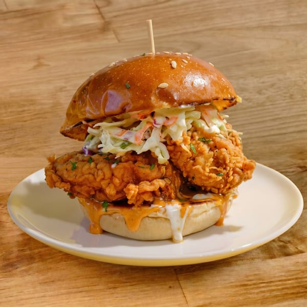 Crispy fried chicken sandwich with coleslaw and sauces on a brioche bun, served on a white plate.